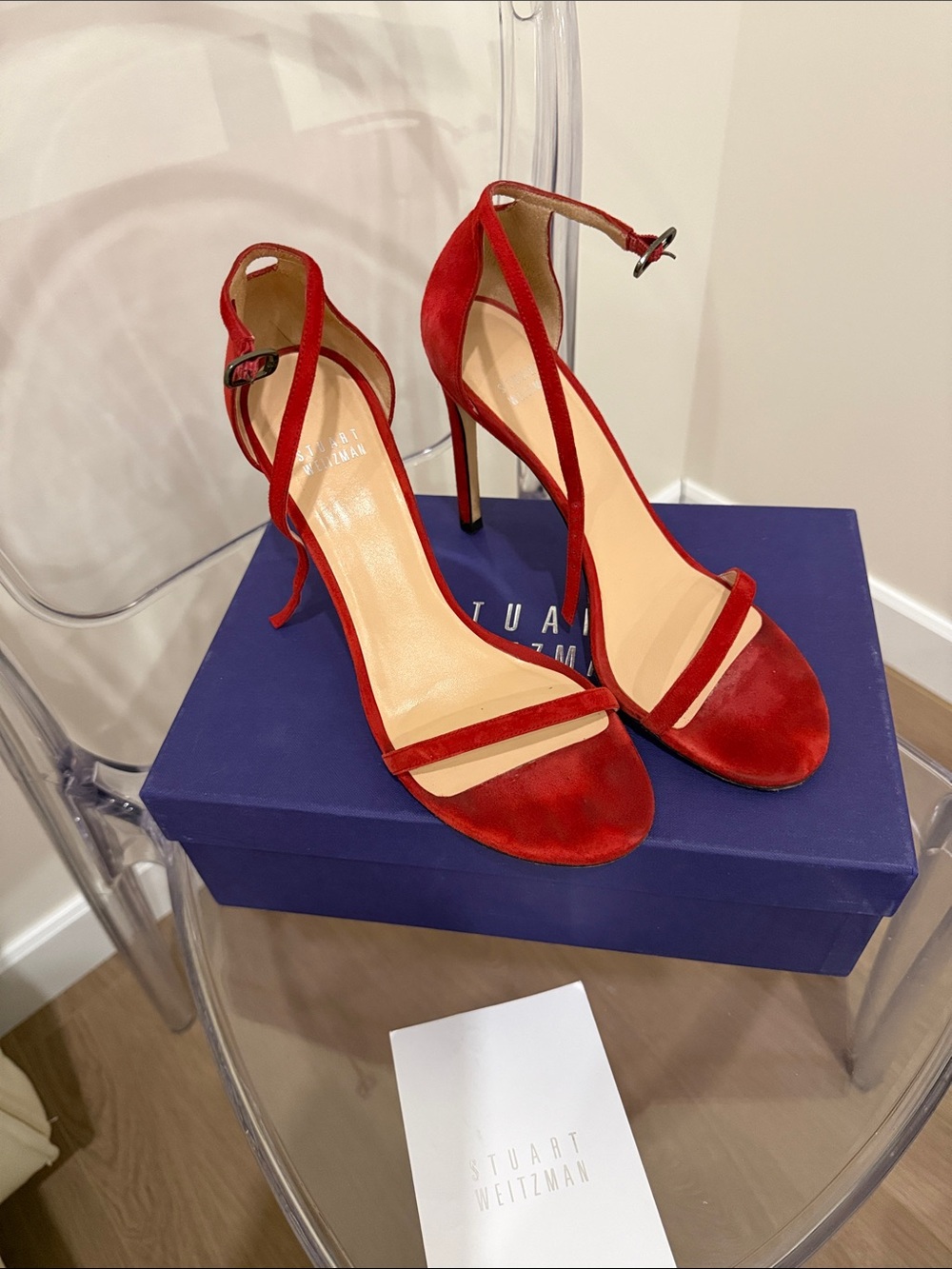 Stuart Weitzman Red Suede Open-Toe Ankle-Strap Stilettos